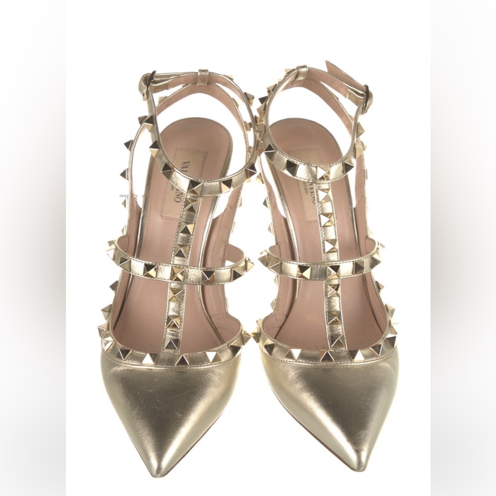 Valentino Rockstud Accents Leather T-Strap Pumps in Gold